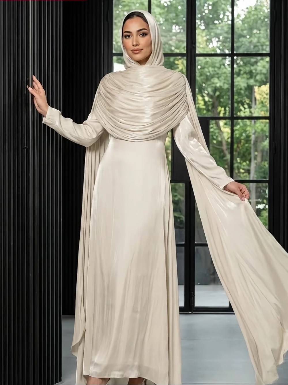 Elegant Cream Maxi Dress with Draped Hijab Overlay